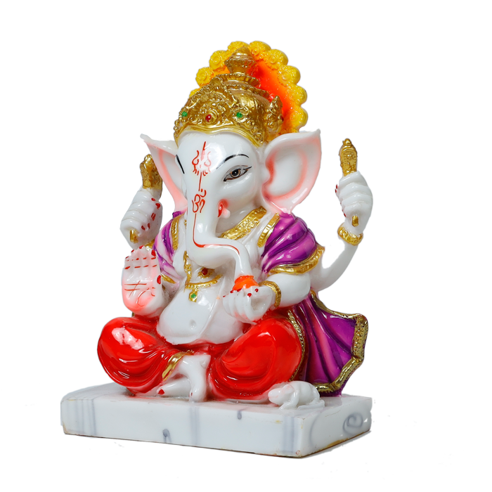 Lord Ganesha Is Sitting On The Throne Marble Dust Murti Idol - 9 × 7 Inches | For Pooja Temple And Home Decor