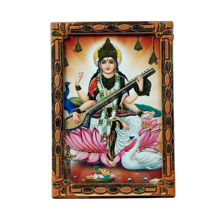 Goddess Saraswati Mata Sitting on Lotus Flower Photo Frame - 5 × 3 Inches | For Pooja Temple And Home Decor