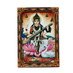 Goddess Saraswati Mata Sitting on Lotus Flower Photo Frame - 5 × 3 Inches | For Pooja Temple And Home Decor