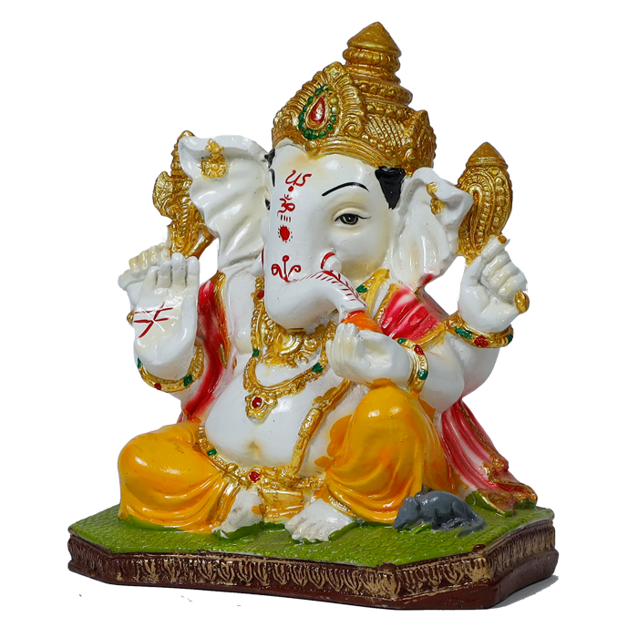 Lord Ganesha Is Sitting On The Throne Marble Dust Murti Idol - 8 × 7 Inches | For Pooja Temple And Home Decor