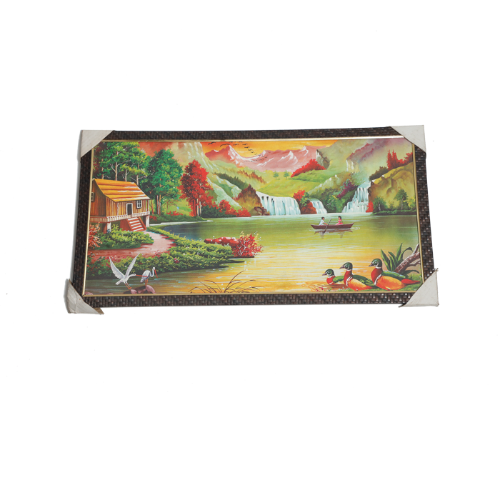 Living Room House on Riverside With Boats and Flowers Nature Scenery Photo Frame - 26 × 14 Inches | For Home Decor And Gifts