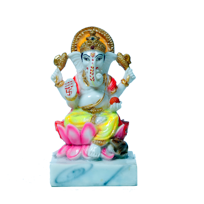 Ganesh Ji Is Sitting On Lotus Flower Marble Dust Murti Idol - 7 × 4 Inches | For Pooja Temple And Home Decor