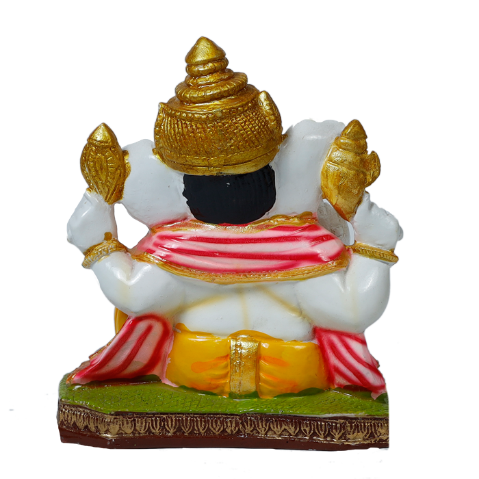 Lord Ganesha Is Sitting On The Throne Marble Dust Murti Idol - 8 × 7 Inches | For Pooja Temple And Home Decor