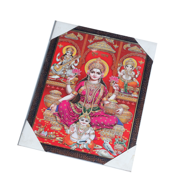 Goddess Lakshmi, Goddess Saraswati And Lord Ganesha Photo Frame - 17 × 13 Inches | For Pooja Temple | Home Decor And Gifts