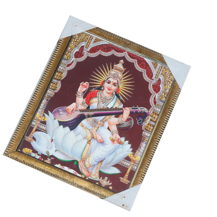 Goddess Saraswati Mata Sitting on Lotus Flower Photo Frame - 12 × 10 Inches | For Pooja Temple | Home Decor And GIfts