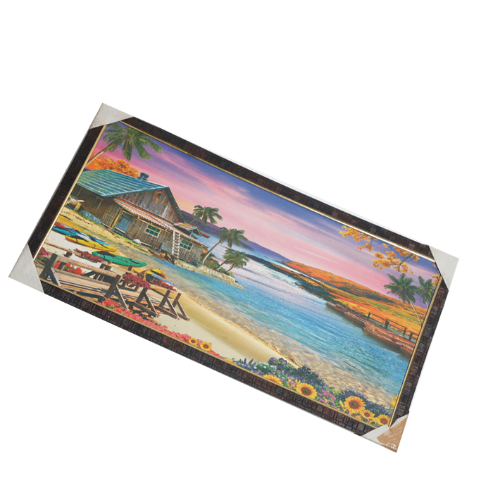 Living Room House on Riverside With Boats and Flowers Nature Scenery Photo Frame - 26 × 14 Inches | For Home Decor And Gifts