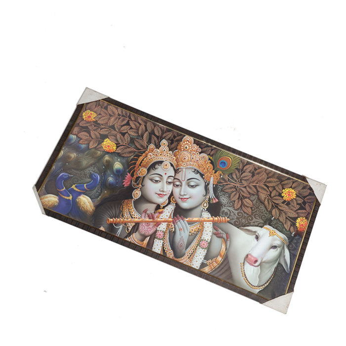 Lord Krishna And Goddess Radha With Cow Photo Frame - 20 × 40 Inches | For Pooja Temple | Home Decor And Gifts