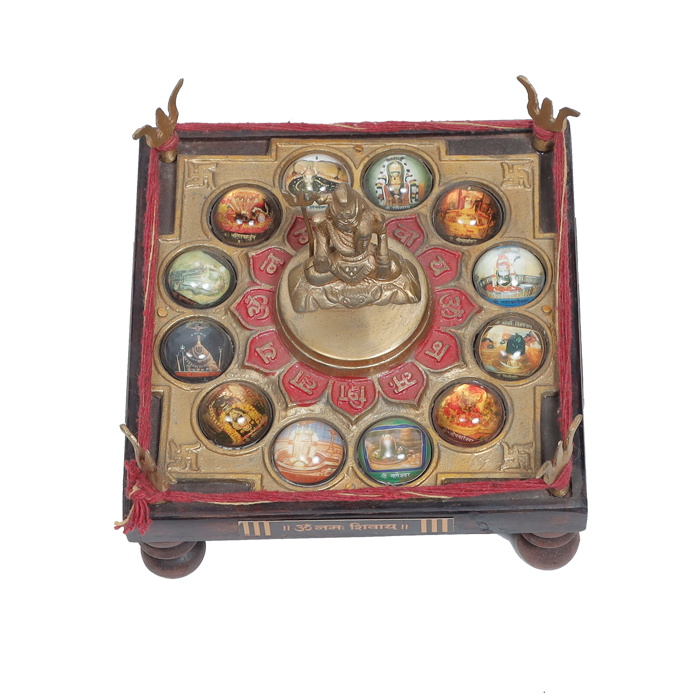 12 Jyotirling Sampoorna Shiva Yantra Chowki with Lord Shiva Idol In Brass & Wood - 6 × 6 Inches