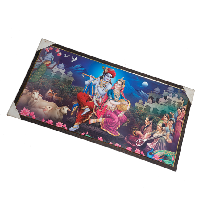 Lord Krishna And Goddess Radha With Gopis Photo Frame - 20 × 40 Inches | For Pooja Temple | Home Decor And Gifts