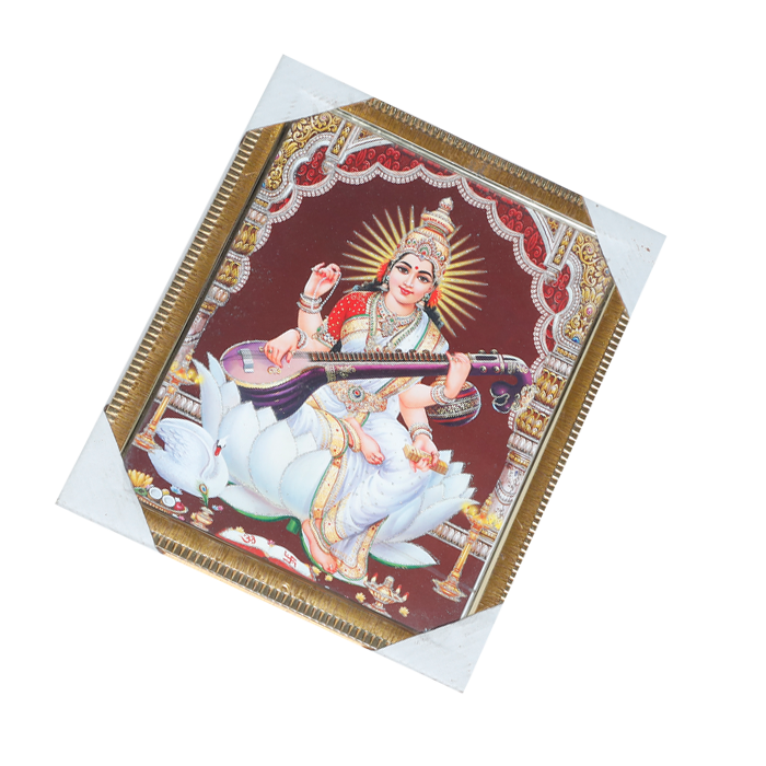 Goddess Saraswati Mata Sitting on Lotus Flower Photo Frame - 12 × 10 Inches | For Pooja Temple | Home Decor And GIfts