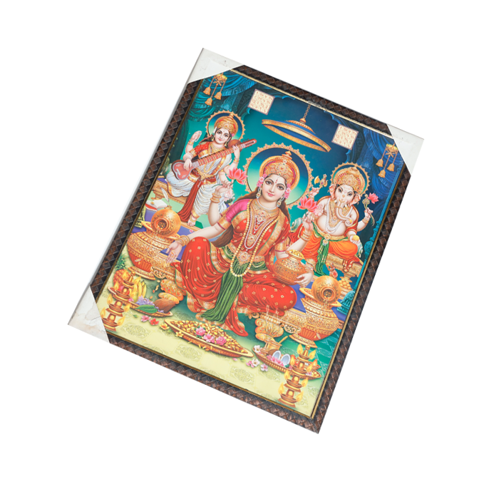 Lord Ganesha, Goddess Lakshmi Mata And Saraswati Mata Photo Frame - 25 × 19 Inches | For Pooja Temple | Home Decor And GIfts