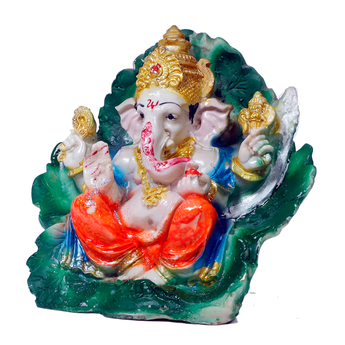 Ganesh Ji Sittng on Betel leaf Marble Dust Murti Idol - 6 × 7 Inches | For Pooja Temple And Home Decor -
