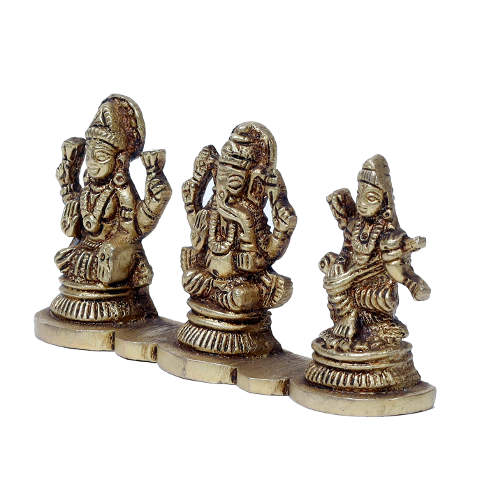 Brass Murti Goddess Lakshmi, Lord Ganesha And Goddess Saraswati Is Sitting On Stool - 2 × 4 Inches | 2 × 5 Inches | For Pooja Temple | Home Decor And Gifts