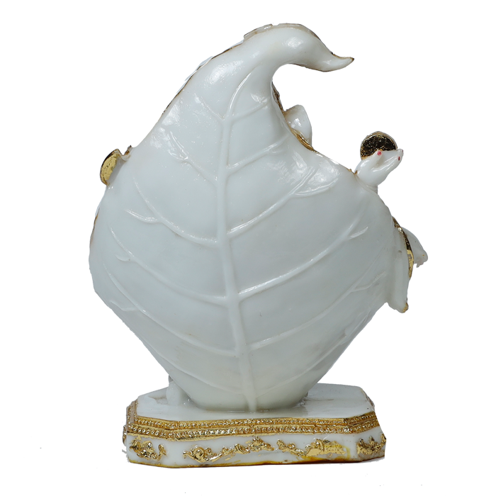 Lord Ganesha Is Sitting On A Betel Leaf Marble Dust Murti Idol - 9 × 5 Inches | For Pooja Temple And Home Decor