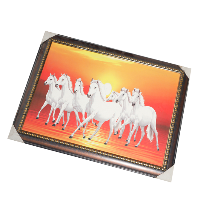 7 Running Vastu Shastr White Horse Photo Frame - 32 × 24 Inches | For Home Decor And Gifts