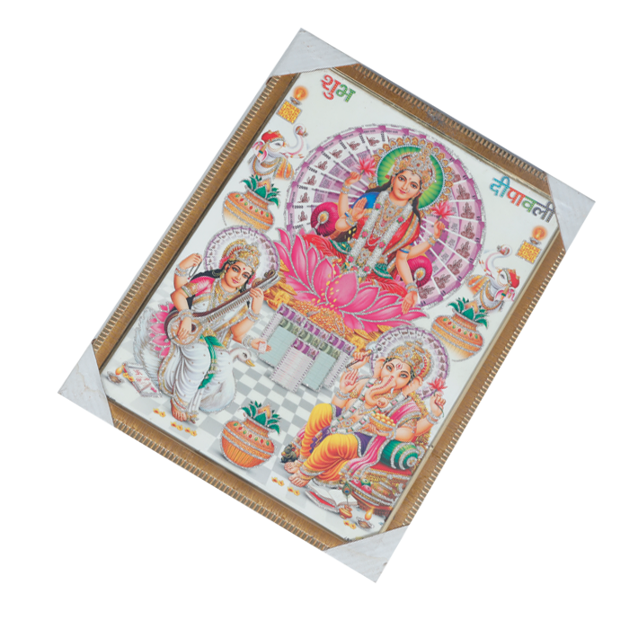 Goddess Lakshmi, Goddess Saraswati and Lord GaneshaPhoto Frame - 17 × 13 Inches | For Pooja Temple | Home Decor And Gifts