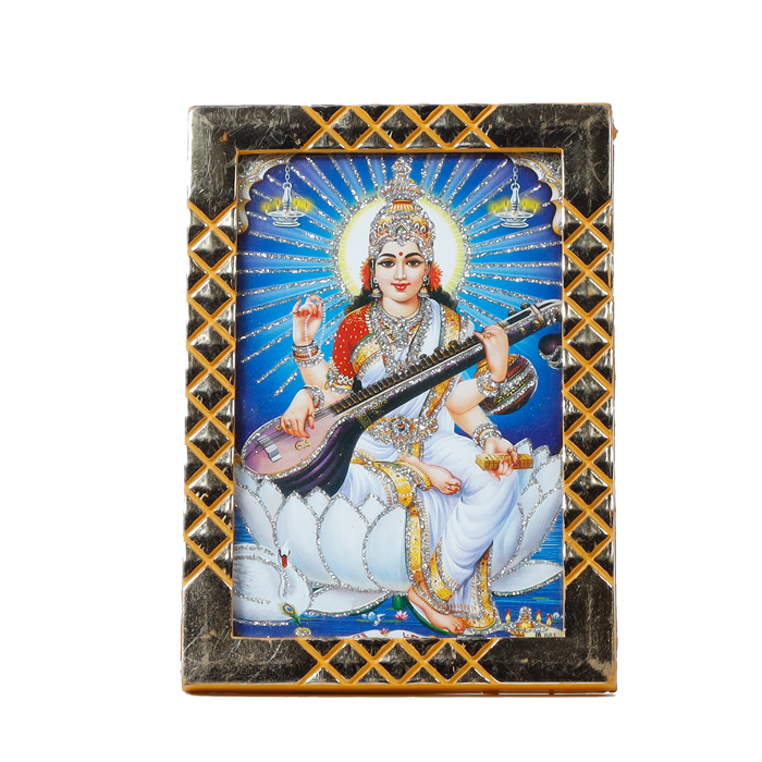 Saraswati Mata Sitting on Lotus Flower Photo Frame - 5 × 3 Inches | For Pooja Temple And Home Decor