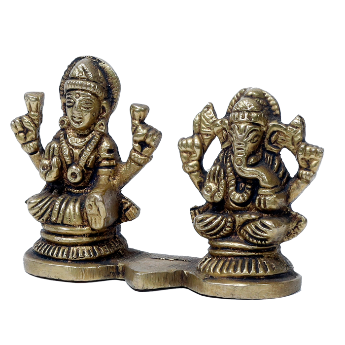 Brass Murti Goddess Lakshmi And Lord Ganesha Is Sitting On Stool - 2 × 3 Inches | 2.5 × 3 Inches | For Pooja Temple | Home Decor And Gifts