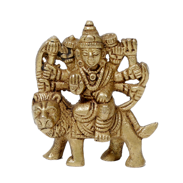 Brass Murti Durga Mata Is sitting On Lion - 4 × 3.5 Inches | For Pooja Temple | Home Decor And Gifts
