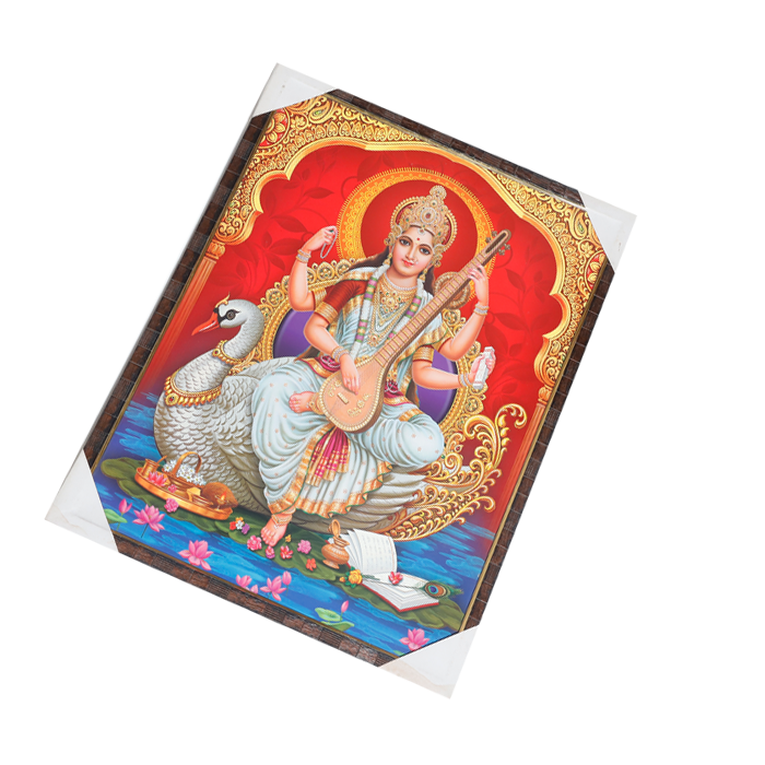 Goddess Saraswati Mata Sitting on Swan Photo Frame - 25 × 19 Inches | For Pooja Temple | Home Decor And GIfts