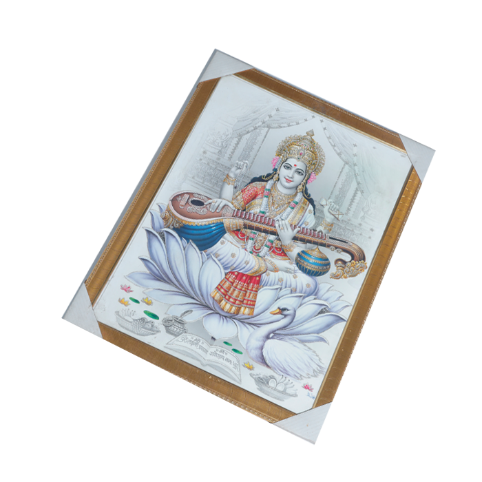 Goddess Saraswati Mata Sitting On Lotus Flower Photo Frame - 20 × 26 Inches | For Pooja Temple | Home Decor And Gifts