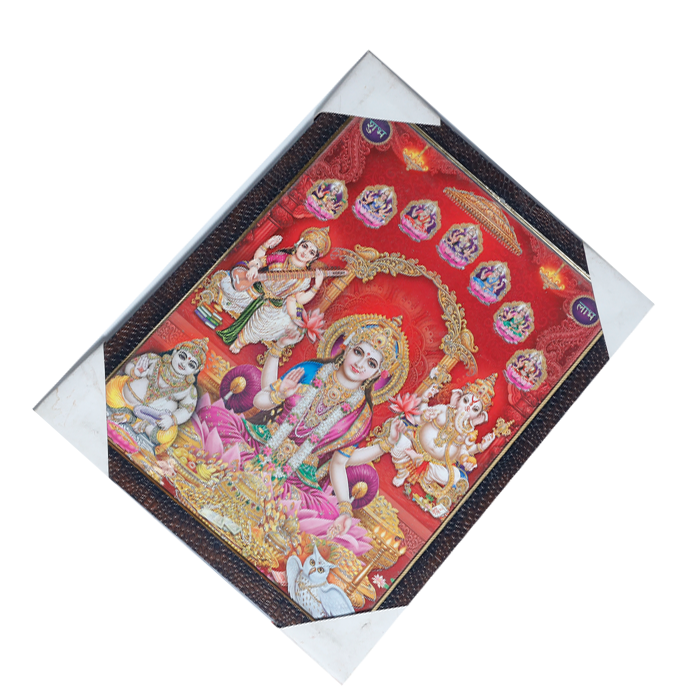 Goddess Lakshmi, Goddess Saraswati And Lord Ganesha Photo Frame - 17 × 13 Inches | For Pooja Temple | Home Decor And Gifts