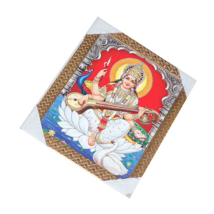 Goddess Saraswati Mata Sitting on Lotus Flower Photo Frame - 11 × 10 Inches | For Pooja Temple | Home Decor And GIfts