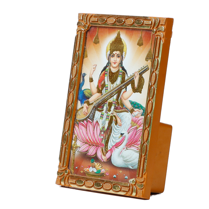 Goddess Saraswati Mata Sitting on Lotus Flower Photo Frame - 5 × 3 Inches | For Pooja Temple And Home Decor