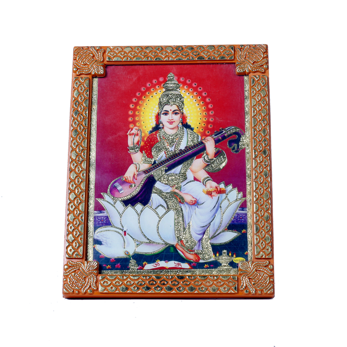 Goddess Saraswati Sitting On Lotus Photo Frame - 8 × 6 Inches | For Pooja Temple And Home Decor