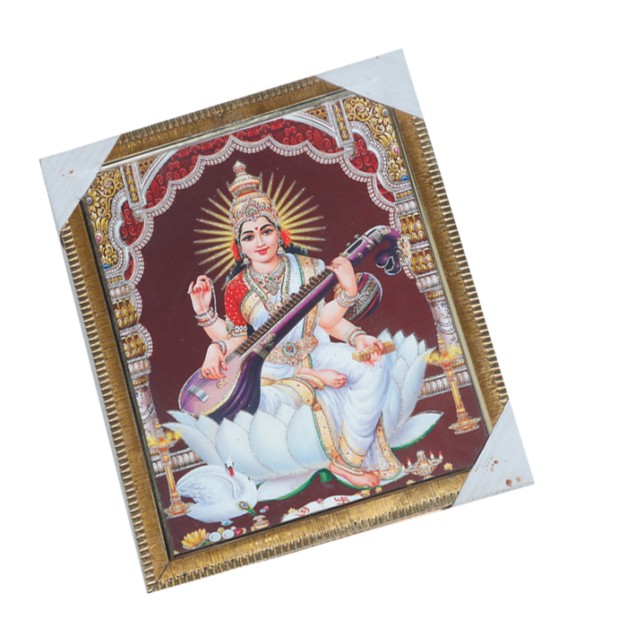 Goddess Saraswati Mata Sitting on Lotus Flower Photo Frame - 12 × 10 Inches | For Pooja Temple | Home Decor And GIfts