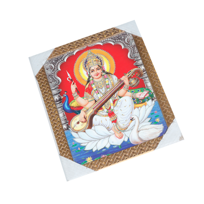 Goddess Saraswati Mata Sitting on Lotus Flower Photo Frame - 11 × 10 Inches | For Pooja Temple | Home Decor And GIfts