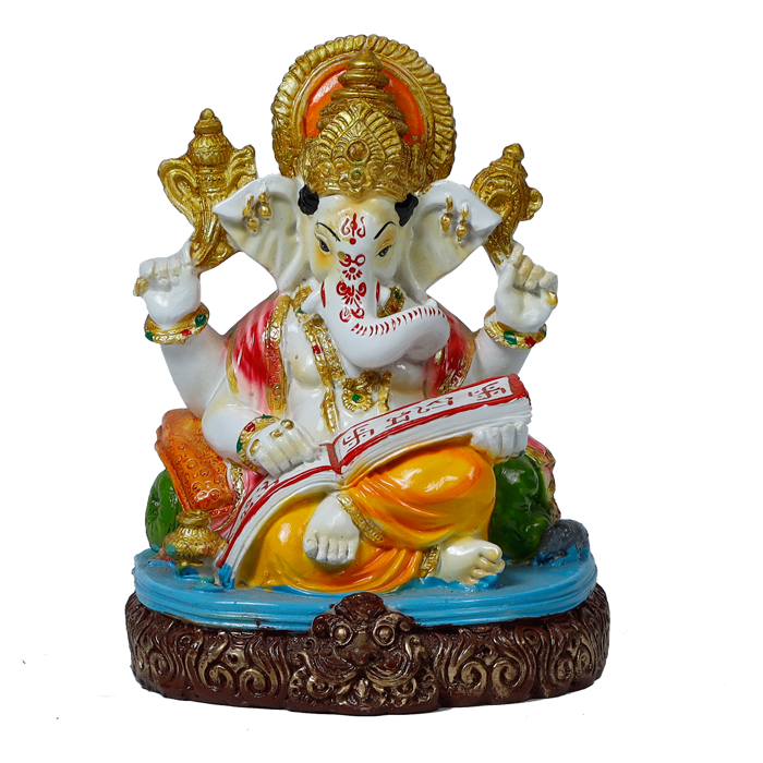Lord Ganesha Is Sitting On The Throne Marble Dust Murti Idol - 8 × 6 Inches | For Pooja Temple And Home Decor