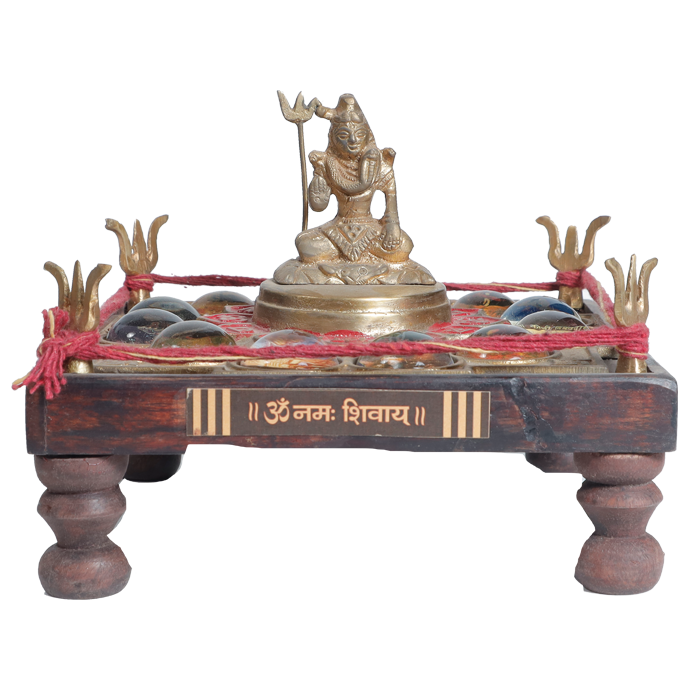 12 Jyotirling Sampoorna Shiva Yantra Chowki with Lord Shiva Idol In Brass & Wood - 6 × 6 Inches