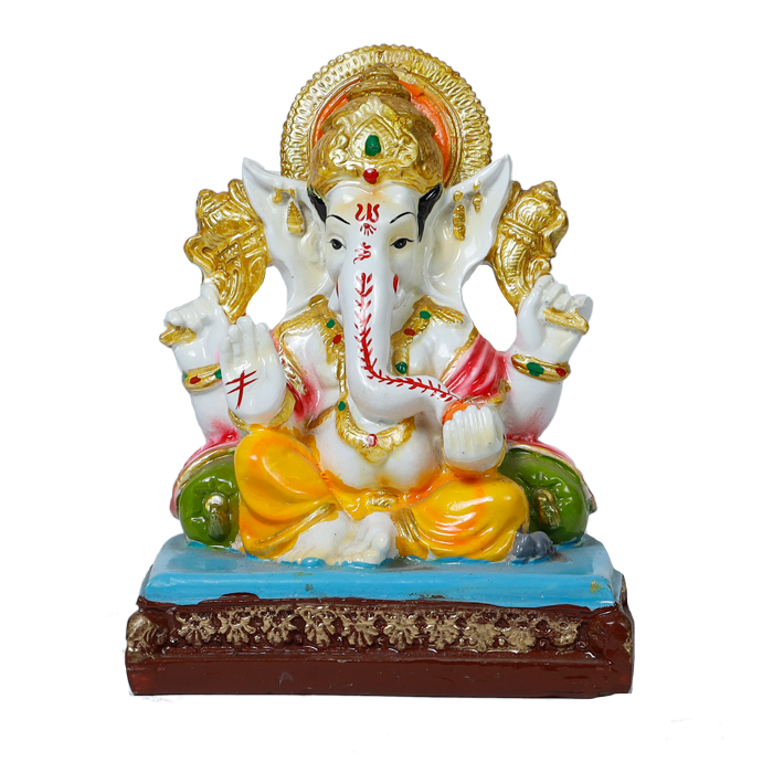 Lord Ganesha Is Sitting On The Throne Marble Dust Murti Idol - 8 × 6 Inches | For Pooja Temple And Home Decor