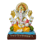 Lord Ganesha Is Sitting On The Throne Marble Dust Murti Idol - 8 × 6 Inches | For Pooja Temple And Home Decor