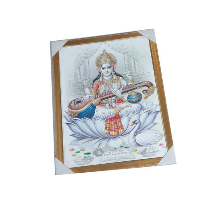 Goddess Saraswati Mata Sitting On Lotus Flower Photo Frame - 20 × 26 Inches | For Pooja Temple | Home Decor And Gifts
