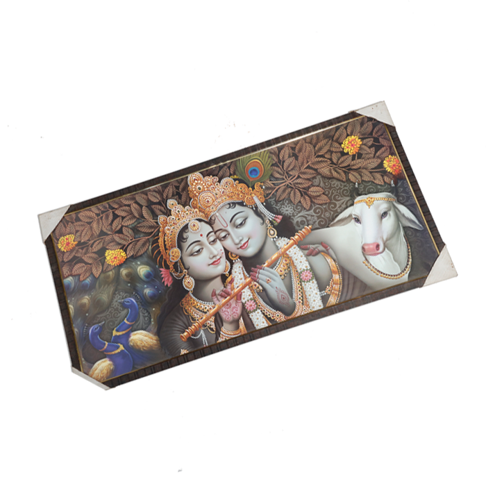 Lord Krishna And Goddess Radha With Cow Photo Frame - 20 × 40 Inches | For Pooja Temple | Home Decor And Gifts