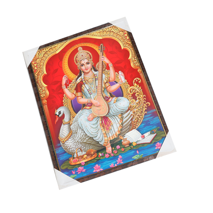 Goddess Saraswati Mata Sitting on Swan Photo Frame - 25 × 19 Inches | For Pooja Temple | Home Decor And GIfts