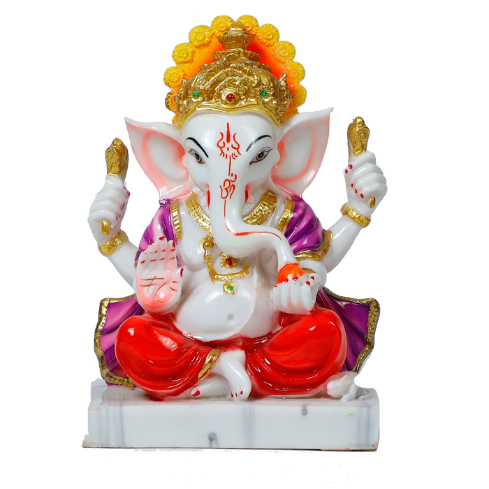 Lord Ganesha Is Sitting On The Throne Marble Dust Murti Idol - 9 × 7 Inches | For Pooja Temple And Home Decor