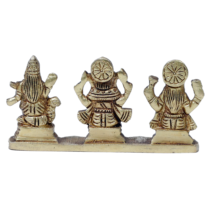 Brass Murti Goddess Lakshmi, Lord Ganesha And Goddess Saraswati Is Sitting On Stool - 2 × 4 Inches | 2 × 5 Inches | For Pooja Temple | Home Decor And Gifts