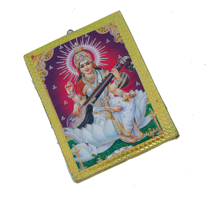 Goddess Saraswati Mata Sitting on Lotus Flower Photo Frame - 7 × 5 Inches | For Pooja Temple | Home Decor And Gifts