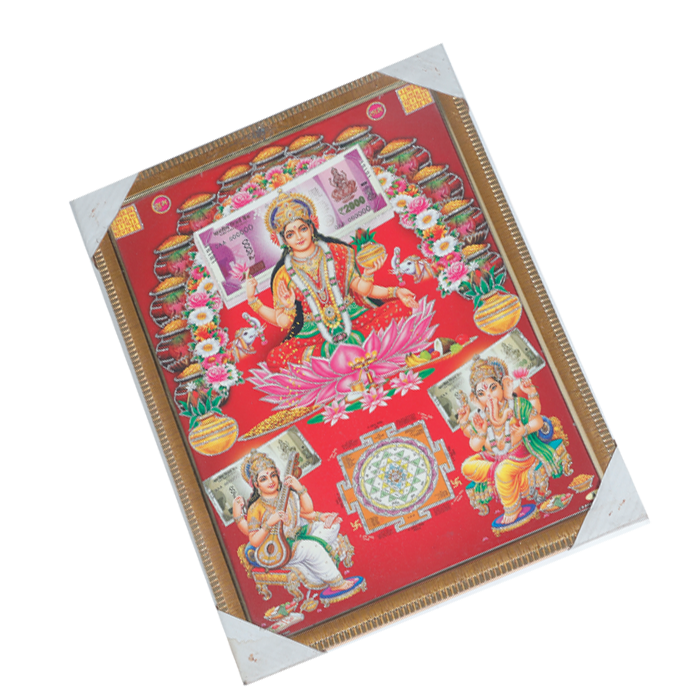 Goddess Lakshmi, Goddess Saraswati and Lord GaneshaPhoto Frame - 17 × 13 Inches | For Pooja Temple | Home Decor And Gifts
