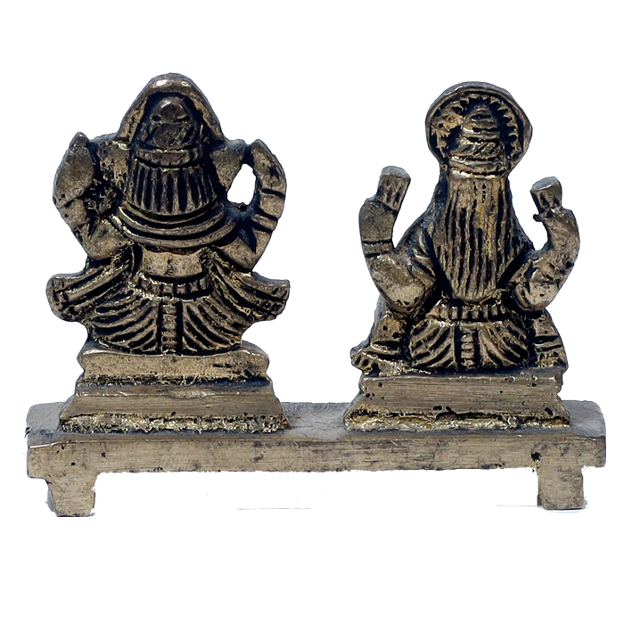 Brass Murti Goddess Lakshmi And Lord Ganesha Is Sitting On Stool - 2 × 3 Inches | 2.5 × 3 Inches | For Pooja Temple | Home Decor And Gifts