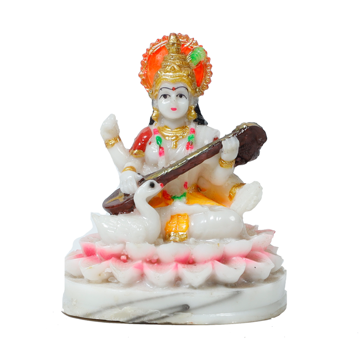 Saraswati Ji Is Sitting On Lotus Flower Marble Dust Murti Idol - 4 × 3Inches | For Pooja Temple And Home Decor -