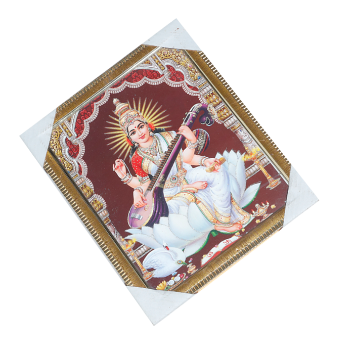 Goddess Saraswati Mata Sitting on Lotus Flower Photo Frame - 12 × 10 Inches | For Pooja Temple | Home Decor And GIfts