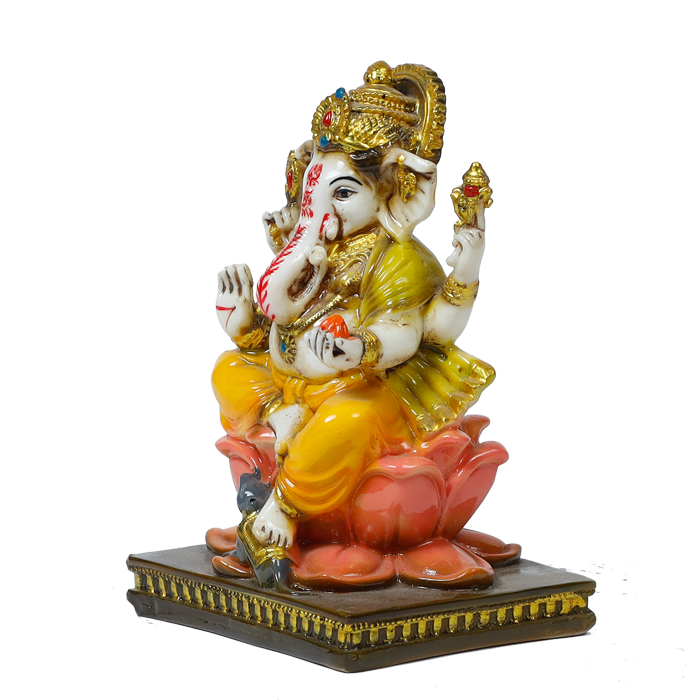 Lord Ganesha Is Sitting On The Throne Marble Dust Murti Idol - 6 × 4 Inches | For Pooja Temple And Home Decor