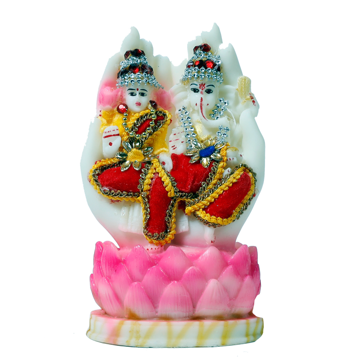 Lakshmi JI & Ganesh Ji Sitting on louts Flower | Marble Dust Murti Idol - 7 x 4 Inches | For Pooja Temple And Home Decor