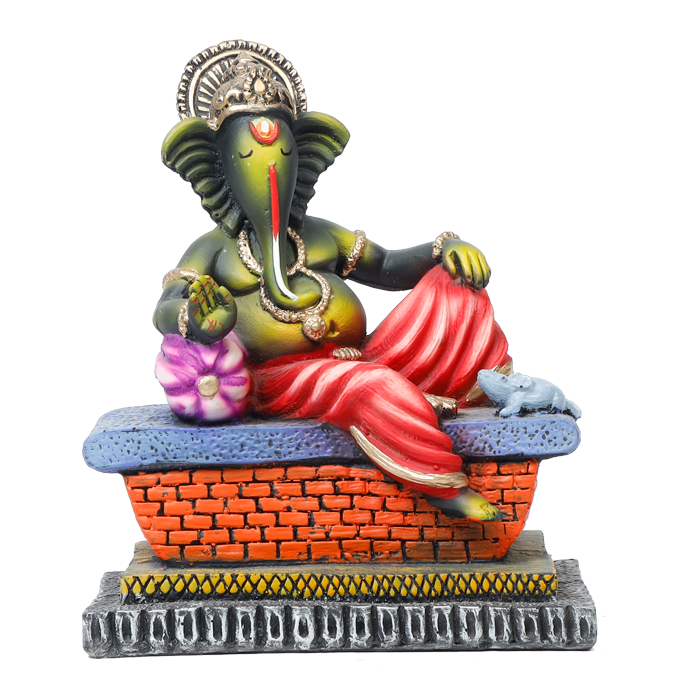 Lord Ganesha Is Sitting On The Throne Terracotta Clay Murti Idol - 7 × 4 Inches | For Pooja Temple And Home Decor