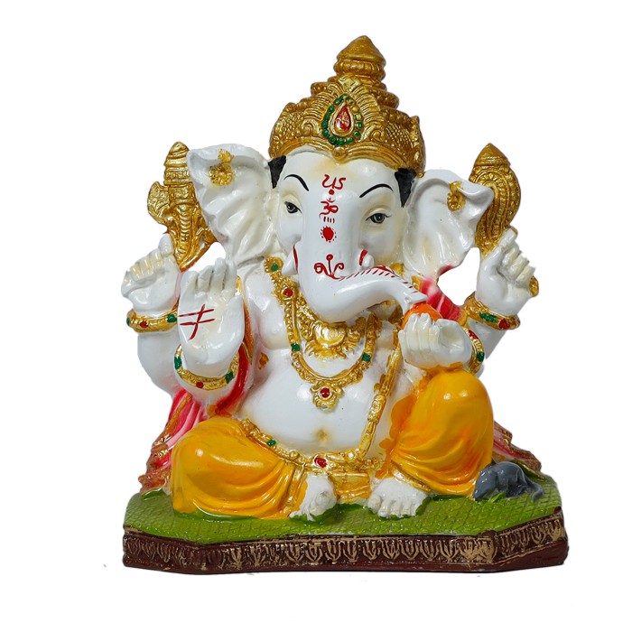 Lord Ganesha Is Sitting On The Throne Marble Dust Murti Idol - 8 × 7 Inches | For Pooja Temple And Home Decor