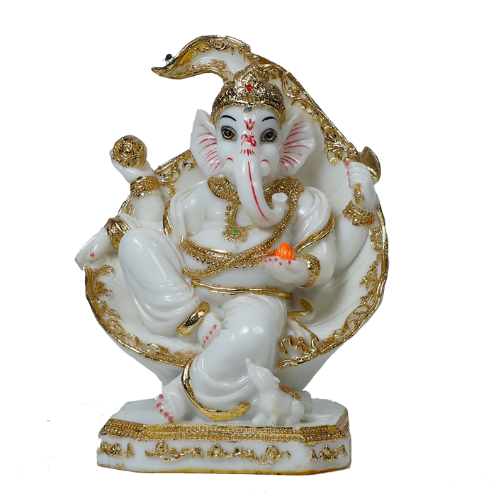 Lord Ganesha Is Sitting On A Betel Leaf Marble Dust Murti Idol - 9 × 5 Inches | For Pooja Temple And Home Decor